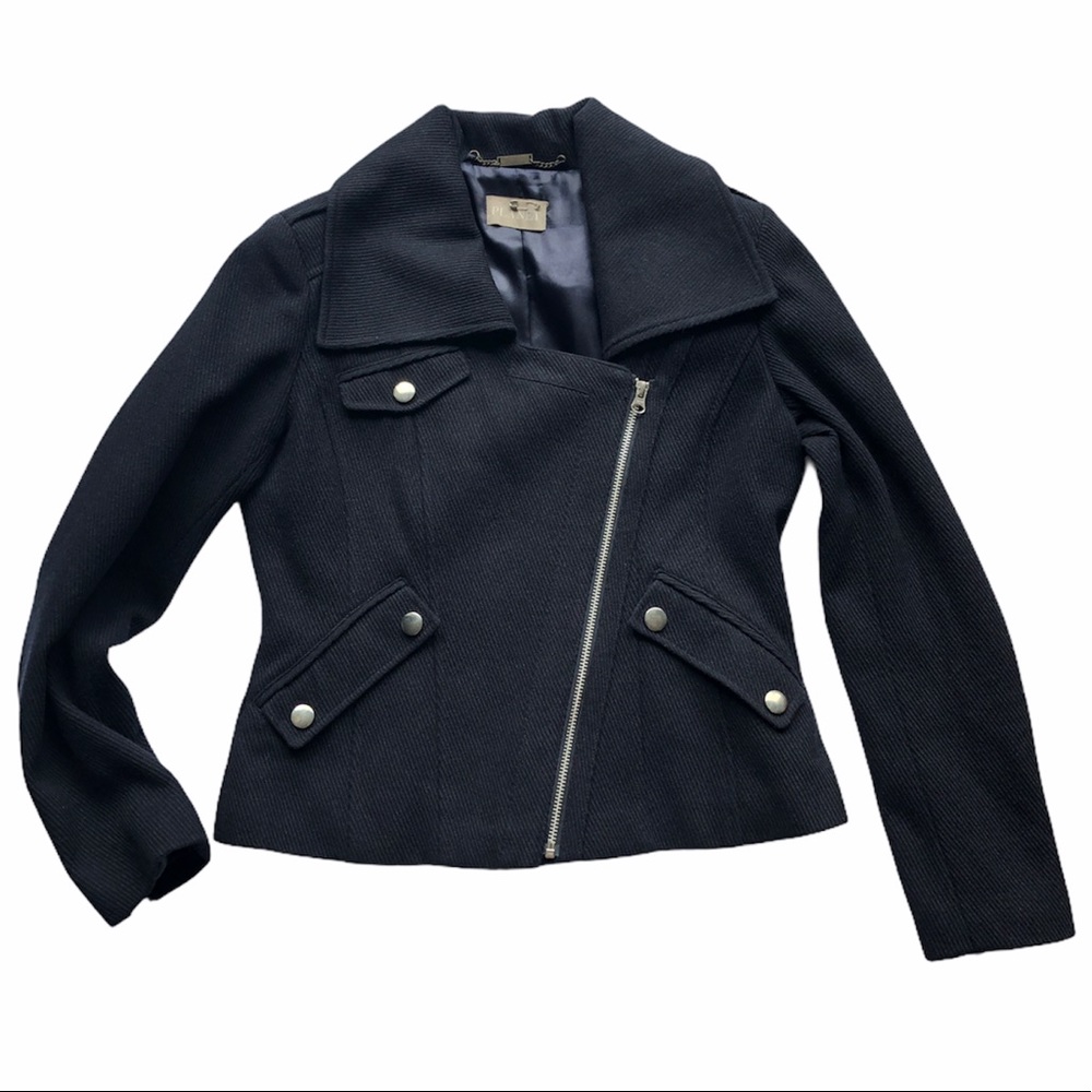 PLANET Navy Blue Ribbed Fitted Jacket Wool Blend Size 6